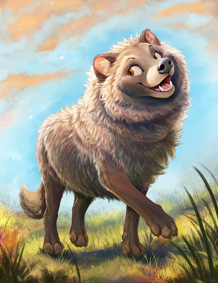 black_nose brown_body brown_eyes brown_fur canid canine cloud detailed_background digital_media_(artwork) feral fluffy fur grass hi_res kebi mammal open_mouth open_smile outside plant raccoon_dog sky smile solo teeth tongue whiskers