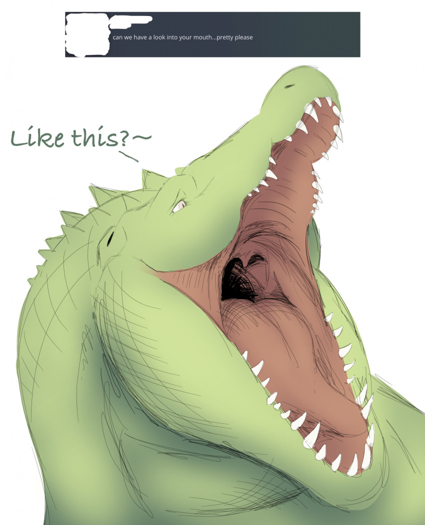 ambiguous_gender anthro belli_(bellyblog) belly bellyblog_(artist) crocodile crocodilian crocodylid digital_drawing_(artwork) digital_media_(artwork) embrace english_text female herm_(lore) hi_res human mammal mouth_shot nude open_mouth overweight overweight_female q&amp;a questions_and_answers reptile scalie simple_background solo text thick_neck thick_tongue tongue