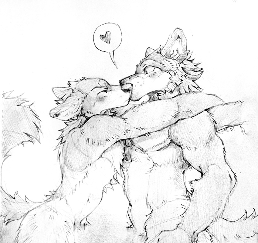 &lt;3 akatan_art anthro anthro_on_anthro back_tuft canid cheek_tuft chest_tuft duo ears_back facial_tuft fluffy fluffy_tail hi_res kissing male male/male mammal monochrome neck_tuft nude pivoted_ears side_view simple_background speech_bubble tail tuft