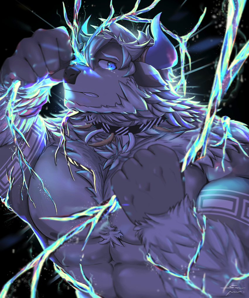 abs absurd_res bigfoot_(tas) blue_eyes bodily_fluids bovid bovine cattle chest_tuft clothed clothing facial_hair fur grey_body grey_fur hair hand_tuft hi_res horn lifewonders male mammal muscular nipples pecs sasquatch solo tattoo tears tokyo_afterschool_summoners tuft white_hair