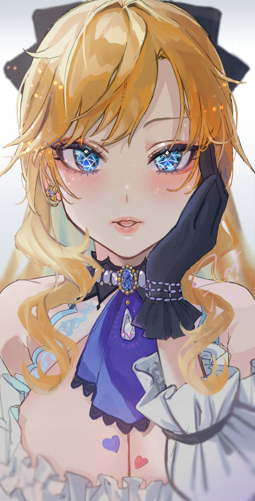 1girl :d ascot bangs bare_shoulders black_bow black_gloves blonde_hair blue_ascot blush bow breasts cleavage earrings frilled_shirt frills fujima_(k114) gloves hair_bow hand_on_own_cheek hand_on_own_face heart heart_tattoo highres idolmaster idolmaster_cinderella_girls jewelry large_breasts long_hair long_sleeves ohtsuki_yui open_mouth shirt smile solo tattoo white_shirt