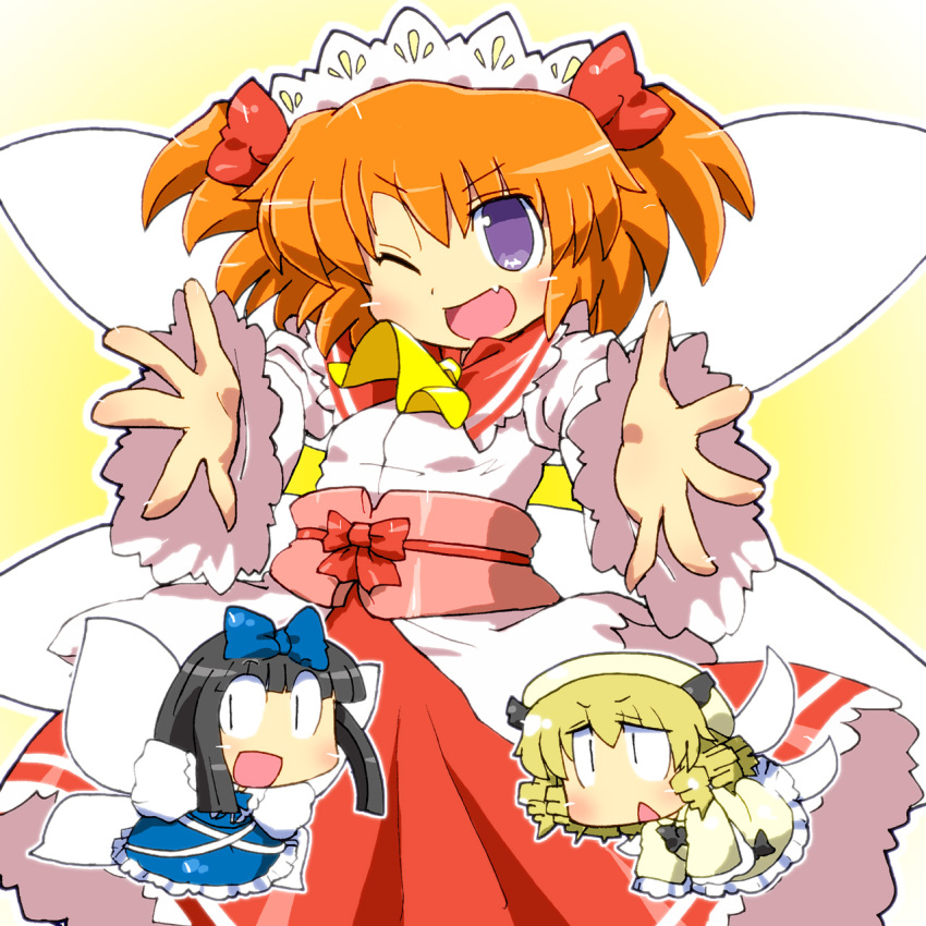 3girls black_hair blonde_hair blue_dress blue_ribbon blush chibi dress drill_hair fairy fairy_wings gomi_ichigo hair_ribbon highres long_hair long_sleeves looking_at_viewer luna_child multiple_girls one_eye_closed open_mouth purple_eyes red_hair red_ribbon ribbon smile star_sapphire sunny_milk tiara touhou two_side_up wings yellow_background