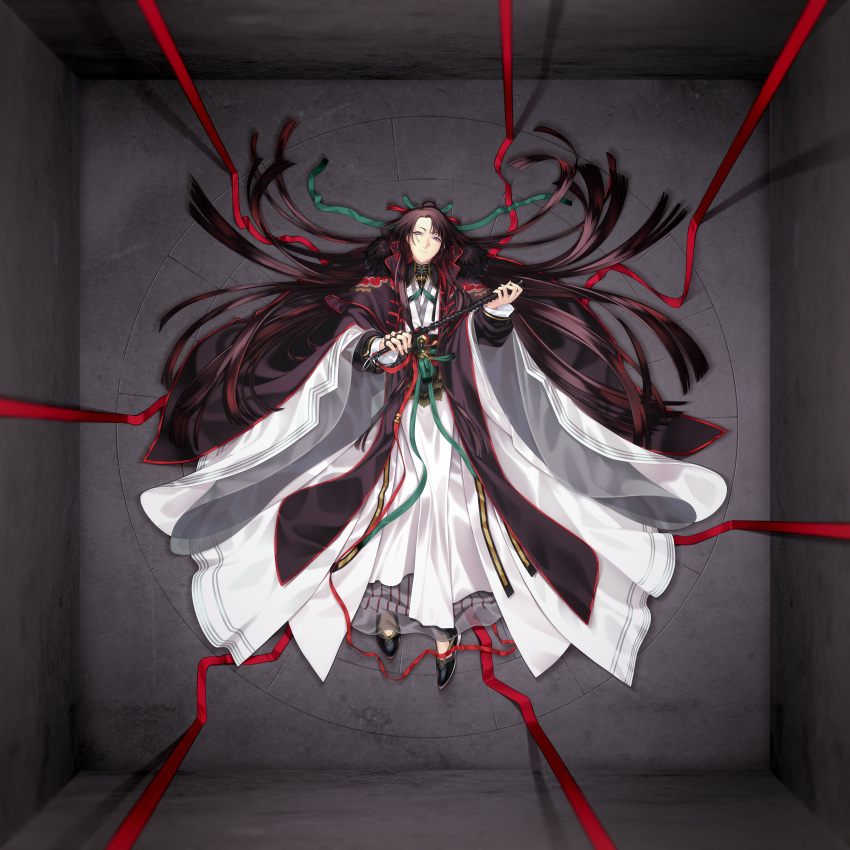 1boy absurdres bangs black_cape black_footwear black_hair black_sash brass_knuckles cape chinese_clothes closed_mouth expressionless fate/grand_order fate_(series) flats from_above full_body green_ribbon hair_bun hair_ribbon hair_spread_out half_updo hanfu highres holding holding_wand layered_sleeves long_hair looking_at_viewer lying male_focus on_back on_floor parted_bangs purple_eyes red_ribbon ribbon rkp robe sash see-through shoes single_hair_bun solo stone_floor stone_wall tai_gong_wang_(fate) tassel very_long_hair wall wand weapon white_robe wide_sleeves