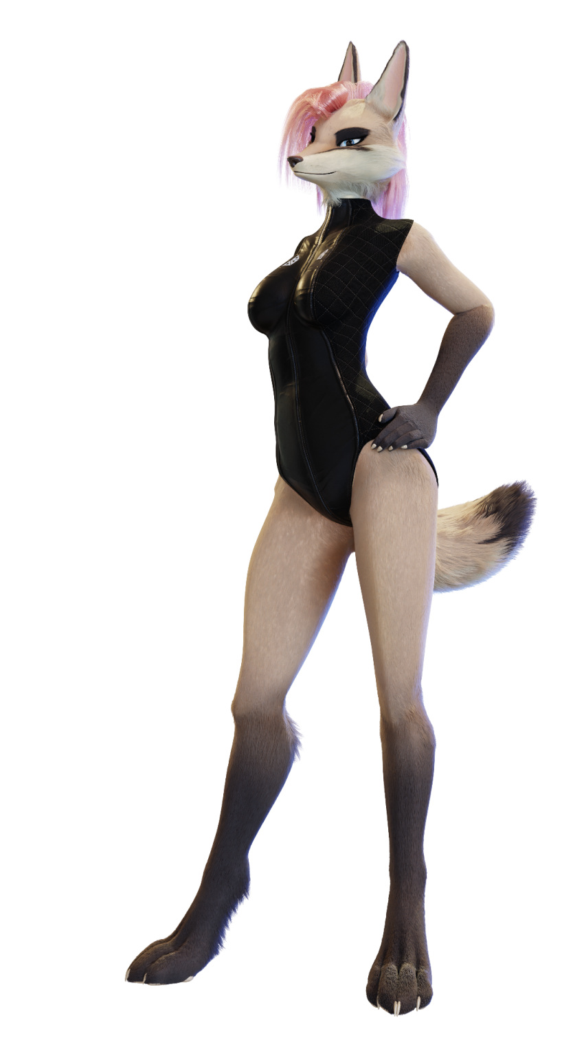 3d_(artwork) anthro canid canine canis claws clothed clothing digital_media_(artwork) female fox fur hair hi_res impreza looking_at_viewer mammal multicolored_body one-piece_swimsuit outside pink_hair simple_background solo swimwear tan_body tan_fur tridognait