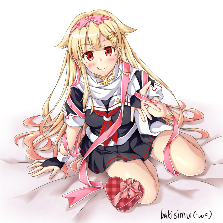 1girl artist_name black_ribbon black_serafuku black_shirt black_skirt blonde_hair box commentary_request hair_flaps hair_ornament hair_ribbon hairclip heart-shaped_box highres kantai_collection koutetunamekuji long_hair neckerchief pink_ribbon pleated_skirt red_eyes red_neckerchief ribbon sailor_collar scarf school_uniform serafuku shirt skirt solo white_sailor_collar white_scarf yuudachi_(kancolle) yuudachi_kai_ni_(kancolle)