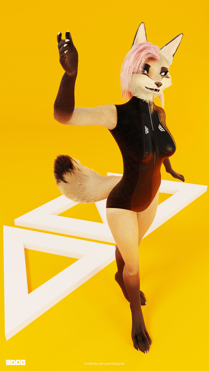 3d_(artwork) anthro blender_(software) canid canine canis claws clothed clothing digital_media_(artwork) female fox fur hair hi_res impreza looking_at_viewer mammal multicolored_body outside pink_hair simple_background solo tan_body tan_fur tridognait