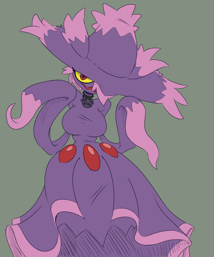 anthro breasts clothing collar female gem generation_4_pokemon grey_background hat headgear headwear hi_res imric1251 legless mismagius nintendo one_eye_obstructed one_eye_visible pokemon pokemon_(species) purple_body red_eyes simple_background smile solo