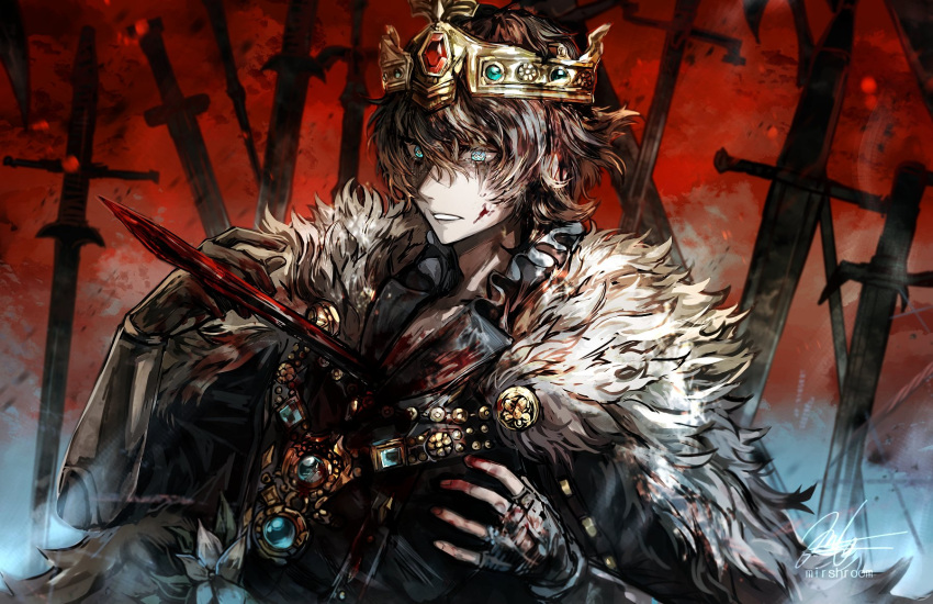 1boy asymmetrical_gloves black_gloves black_hair black_shirt blood blood_on_clothes blood_on_face blood_on_hands blood_on_weapon blue_eyes blue_gemstone brown_gloves cape commentary crown diamond-shaped_pupils diamond_(shape) emil_(identity_v) emil_(the_fugitive)_(identity_v) english_commentary facial_mark fingerless_gloves frilled_shirt_collar frills fur-trimmed_cape fur_trim gem gloves hair_between_eyes highres identity_v impaled jewelry male_focus mirshroom necklace official_alternate_costume open_collar parted_lips planted planted_sword red_gemstone shirt short_hair signature solo surprised sword symbol-shaped_pupils upper_body weapon