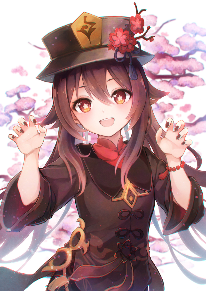 1girl :d bangs black_headwear black_nails black_skirt branch brown_eyes brown_hair brown_jacket claw_pose commentary_request flower flower-shaped_pupils genshin_impact hair_between_eyes hands_up hat hat_flower highres hu_tao_(genshin_impact) jacket long_hair looking_at_viewer nail_polish pink_flower red_flower red_shirt shirt simple_background skirt smile solo symbol-shaped_pupils very_long_hair white_background yonema