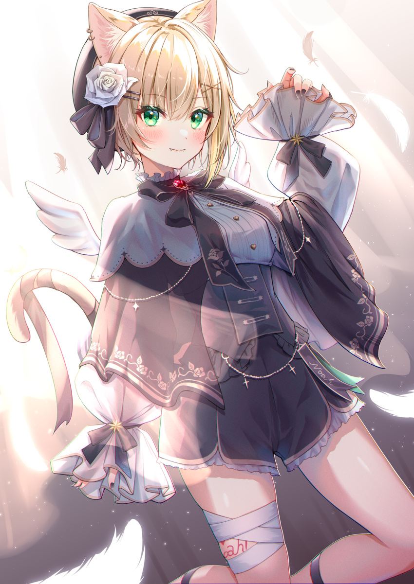1girl animal_ears arm_at_side bandaged_leg bandages bangs black_bow black_bowtie black_nails black_shorts blonde_hair bow bowtie brooch capelet closed_mouth fangs feathers feet_out_of_frame flower green_eyes hair_flower hair_ornament hand_up hat highres jewelry kurumi_noah long_sleeves looking_at_viewer red_brooch shirt short_hair shorts sleeves_past_wrists solo tail toki_(toki_ship8) virtual_youtuber vspo! white_feathers white_flower white_shirt white_wings wings