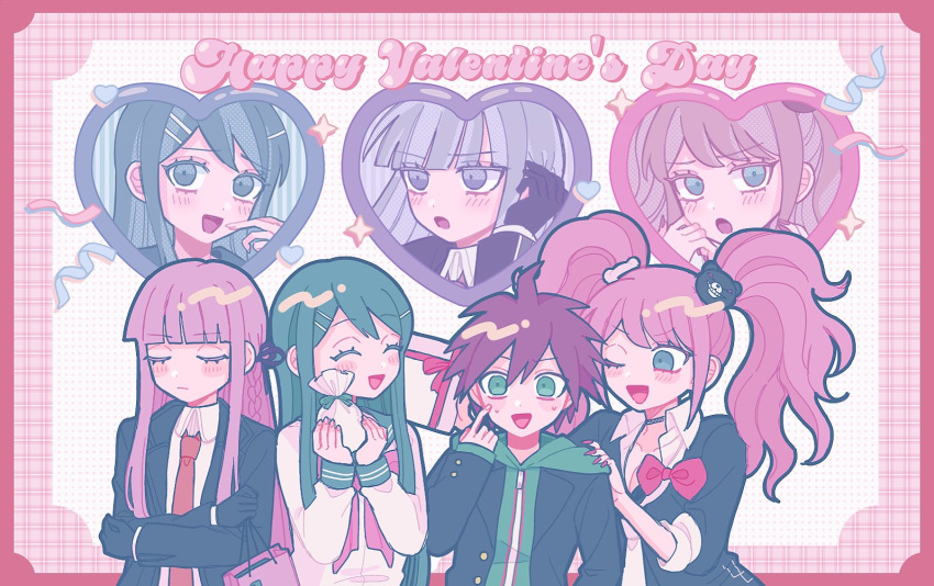 1boy 3girls :d :o ;d bag bangs bear_hair_ornament black_choker black_gloves black_shirt blush bow breasts choker cleavage closed_eyes closed_mouth collarbone collared_shirt danganronpa:_trigger_happy_havoc danganronpa_(series) english_text enoshima_junko gloves green_hair green_hoodie hair_ornament hairclip hand_up hands_up happy_valentine heart holding holding_bag hood hood_down hoodie jacket kirigiri_kyouko long_hair long_sleeves maizono_sayaka multiple_girls naegi_makoto nail_polish necktie one_eye_closed open_clothes open_jacket open_mouth pink_hair pink_necktie pisapipi red_bow red_nails shirt smile sweat twintails upper_body white_shirt