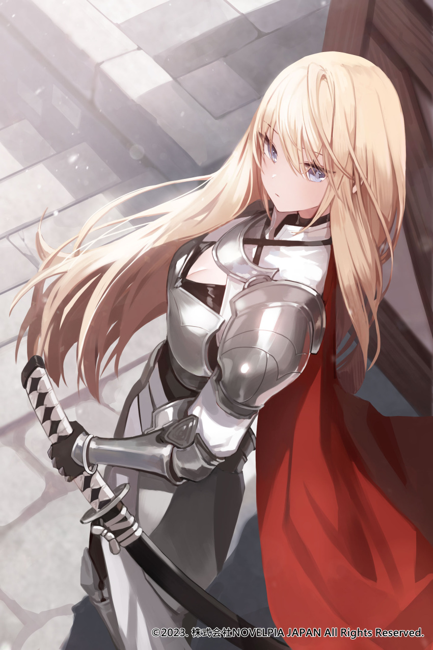 1girl absurdres armor bangs black_gloves blonde_hair blue_eyes breastplate breasts cape character_request cleavage cleavage_cutout closed_mouth clothing_cutout copyright_request cover cover_page day from_above gauntlets gloves hair_between_eyes highres katana knight long_hair looking_at_viewer looking_up novel_cover novel_illustration official_art outdoors pauldrons red_cape seorang shirt shoulder_armor solo sword walking weapon white_shirt