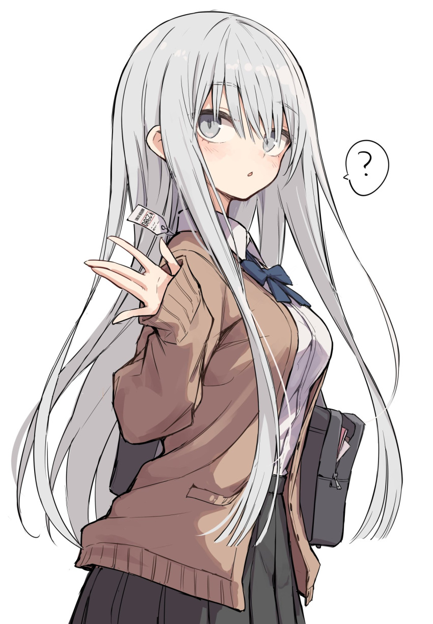 1girl bag blue_ribbon cardigan grey_eyes grey_hair grey_skirt highres long_hair open_cardigan open_clothes original rakutarou_(rakutpi) ribbon ribbon_trim school_bag shirt simple_background skirt white_background white_shirt