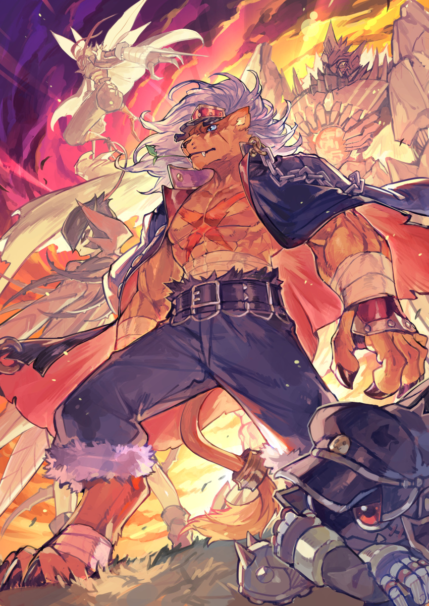 absurdres banchou banchougolemon banchouleomon banchoulilimon banchoumamemon banchoustingmon delinquent digimon digimon_(creature) fangs furry furry_male highres lion lion_boy straw_(stalk) tapioka_chaso white_hair