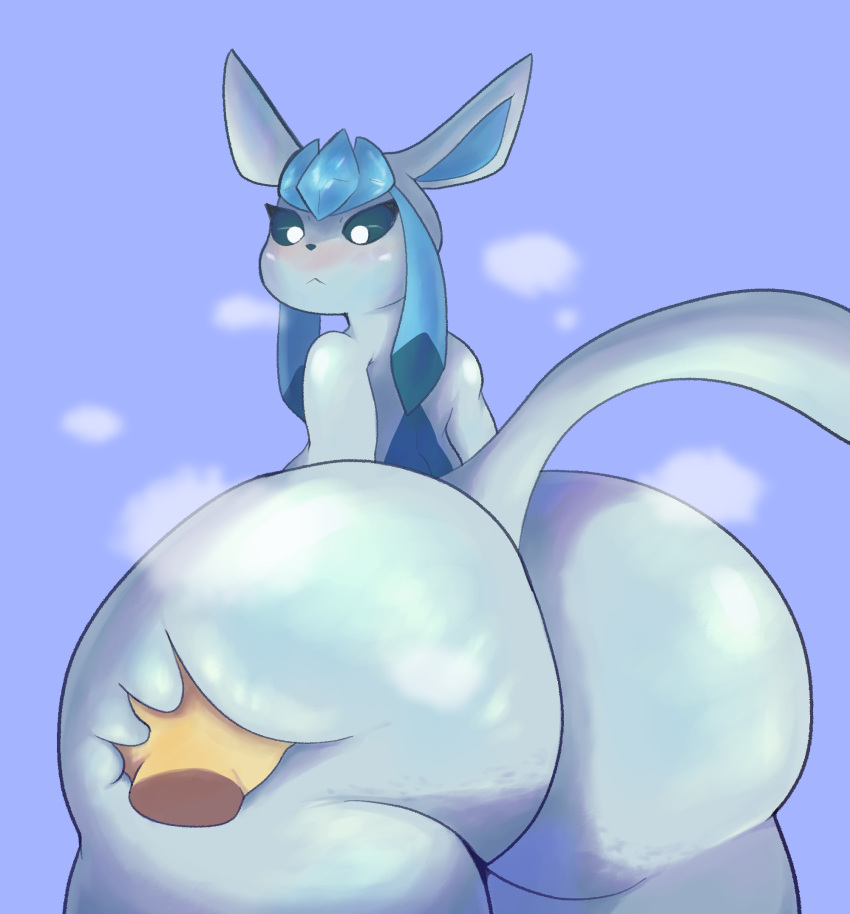 anthro big_butt blush butt butt_grab eeveelution felid feline female generation_4_pokemon glaceon hand_on_butt hi_res looking_back mammal mimidumpi nintendo pokemon pokemon_(species) simple_background solo steam thick_thighs