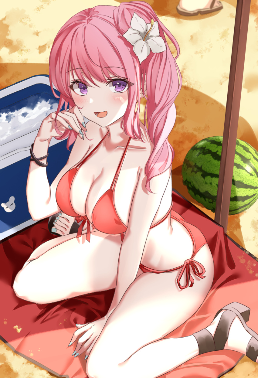 1girl armpit_crease bare_shoulders beach_mat between_legs bikini breasts cleavage collarbone commission cooler flower food front-tie_bikini_top front-tie_top fruit hair_flower hair_ornament halterneck hand_between_legs hand_up highres indie_virtual_youtuber large_breasts long_hair looking_at_viewer nail_polish open_mouth pink_hair pixiv_commission purple_eyes red_bikini sandals side-tie_bikini_bottom side_ponytail sitting smile solo strap_gap string_bikini swimsuit thighs vayneeeee virtual_youtuber wariza watermelon wristband