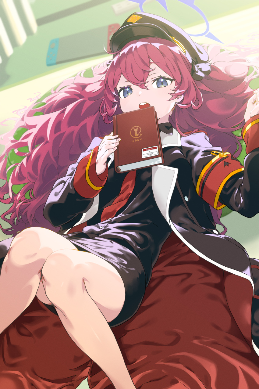 1girl absurdres armband black_headwear blue_archive book grey_eyes haimura_kiyotaka hair_between_eyes halo hat highres holding holding_book iroha_(blue_archive) jacket long_hair long_sleeves looking_at_viewer military military_hat necktie nintendo_switch peaked_cap pink_hair red_necktie shirt solo thighs