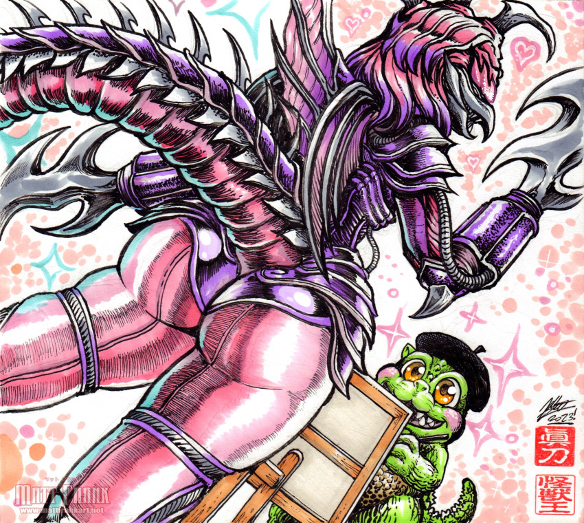 &lt;3 alien anthro arm_blades beak beret big_butt blade blade_arm blush butt clothing cybernetics cyborg drawing godzilla_(series) green_body green_scales hat headgear headwear hi_res humanoid kaiju kaijusamurai lady_gigana long_tail machine minilla pink_background pink_body purple_body rear_view reptile scales scalie sharp_teeth simple_background smile sparkles tail teeth thick_thighs toho wide_hips yellow_eyes