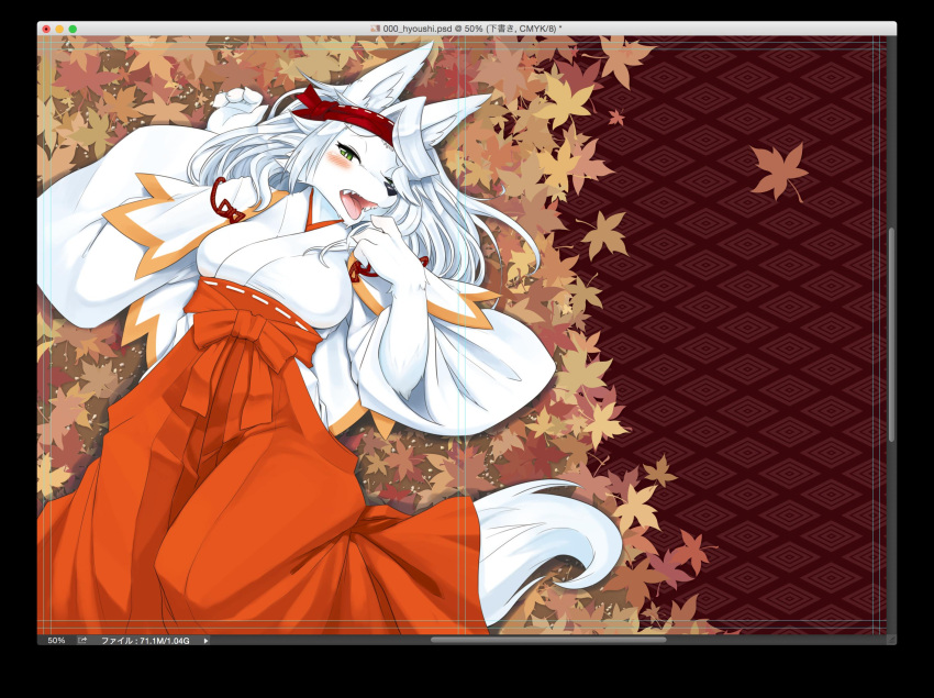 1girl animal_ear_fluff animal_ears animal_hands animal_nose autumn_leaves bangs black_border blush body_fur border bow breasts bright_pupils brown_background capelet claws commentary_request english_text fangs from_above furry furry_female green_eyes hakama half-closed_eyes hands_up headband highres hip_vent japanese_clothes kame_(3t) kimono large_breasts long_hair long_sleeves looking_at_viewer lying miko mixed-language_commentary on_back on_ground open_mouth orange_trim original red_bow red_hakama red_headband ribbon-trimmed_hakama romaji_commentary sidelocks sign snout solo tail thick_eyebrows tongue tongue_out white_capelet white_fur white_hair white_kimono white_pupils wide_sleeves wolf_ears wolf_girl wolf_tail