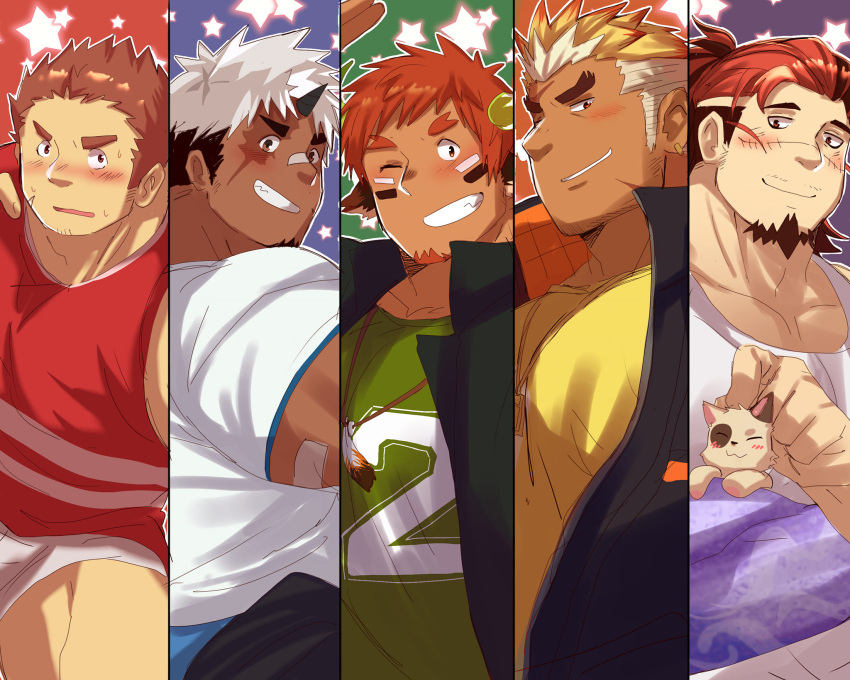 5boys akiha_gongen_(housamo) american_football_uniform animal animal_ears bandaid bandaid_on_cheek bandaid_on_face bandaid_on_nose bara blush boogeyman_(housamo) brown_eyes brown_hair cat collared_shirt cow_boy cow_ears cow_horns dark-skinned_male dark_skin dog_tags facial_hair feet_out_of_frame fiery_horns forked_eyebrows from_above from_side gakuran glowing_horns goatee green_shirt grin headpat highres holding holding_animal horns large_pectorals leobongnana long_sideburns looking_at_viewer male_focus mature_male multicolored_hair multiple_boys muscular muscular_male one_eye_closed orange_hair pectorals red_eyes rugby_uniform scar scar_on_cheek scar_on_face school_uniform shirt short_hair shorts shy sideburns single_horn sitting smile smirk sportswear starry_background tamamura_gunzo tank_top thick_eyebrows thighs tokyo_afterschool_summoners two-tone_hair ulaanbaatar_(housamo) upper_body wakan_tanka waving white_hair white_shorts white_tank_top