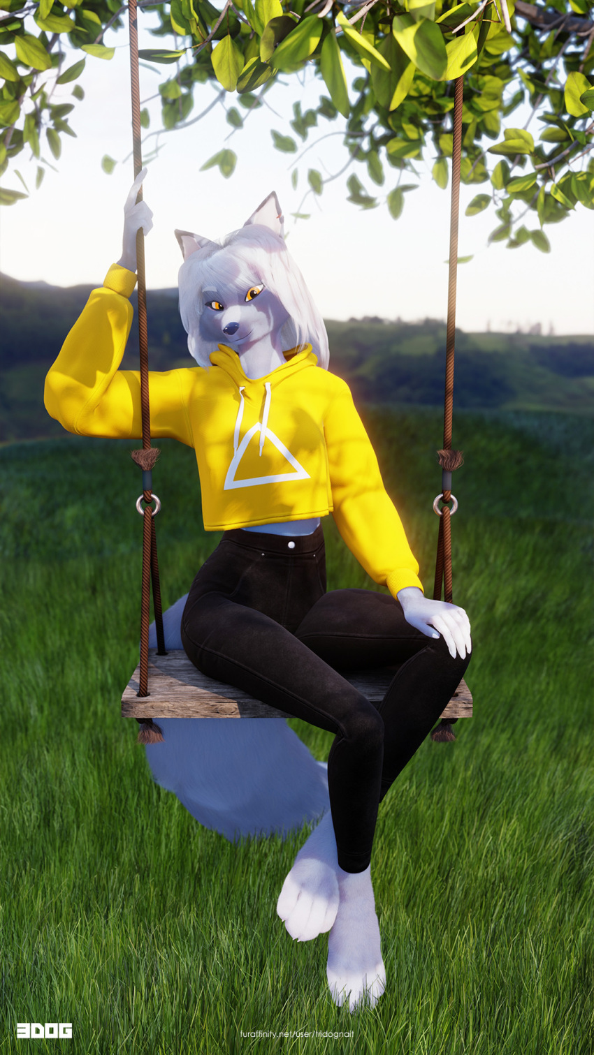 3d_(artwork) anthro azzai_wanderia_(azzai) blender_(software) bottomwear canid canine canis claws clothed clothing digital_media_(artwork) female fox fur grass hair hi_res looking_at_viewer mammal multicolored_body outside pink_hair plant solo swing tail tree tridognait