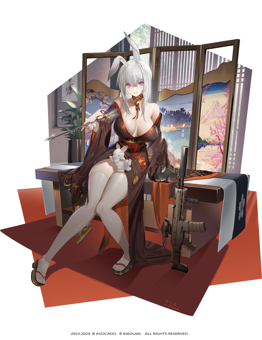 1girl absurdres animal animal_ears arrow_(projectile) bangs bell bikini black_bikini black_footwear breasts choker cleavage collarbone copyright_request folding_screen full_body geta grey_hair grey_thighhighs gun highres huo_de_xiaosa_qie_shoufa_l japanese_clothes jingle_bell kimono large_breasts long_hair long_sleeves looking_at_viewer neck_bell obi open_clothes open_kimono parted_lips purple_eyes rabbit rabbit_ears sash sitting smile solo swimsuit tabi thighhighs weapon weapon_request wide_sleeves