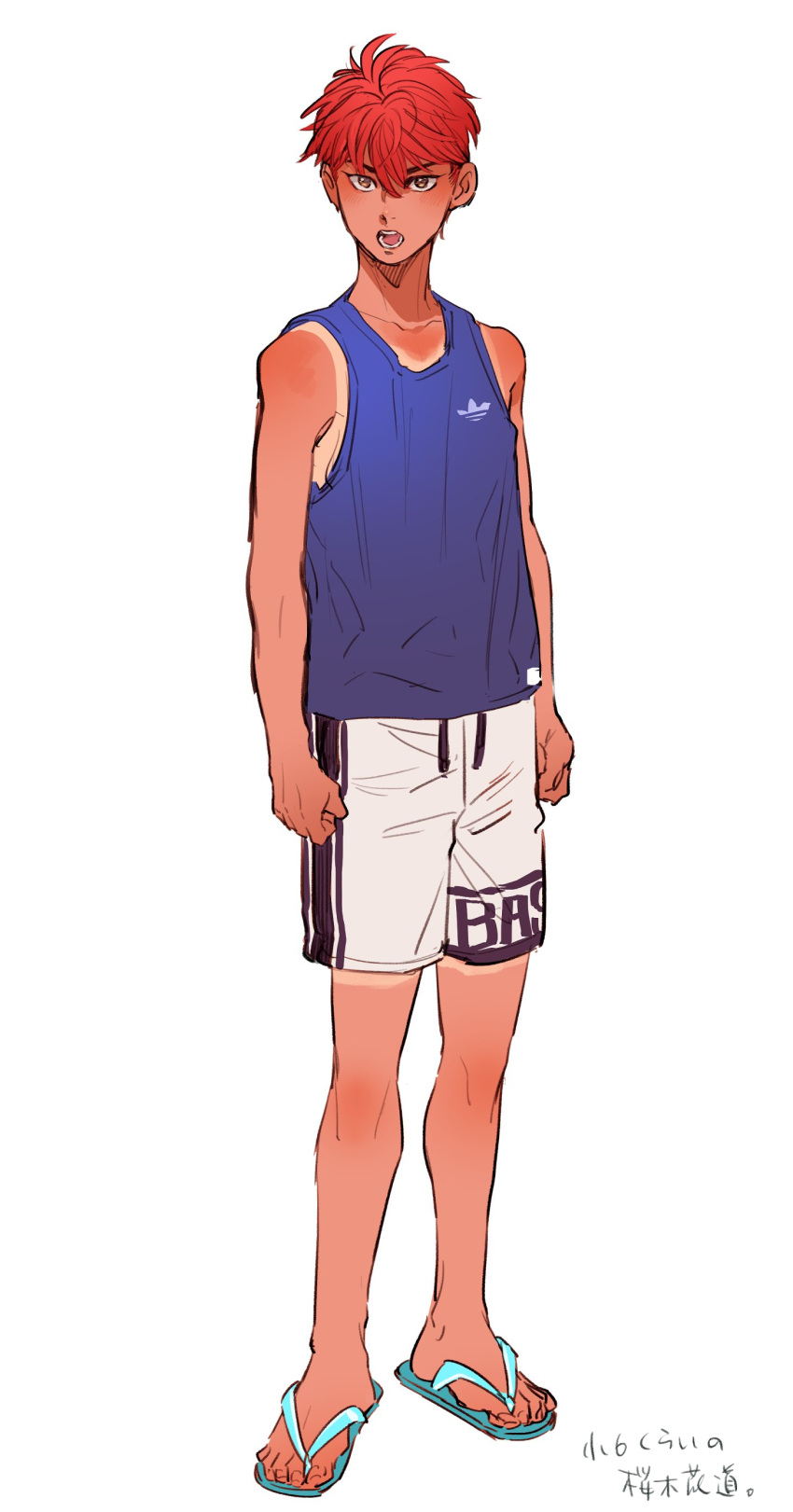 1boy absurdres aged_down aqua_footwear arms_at_sides bangs bare_arms bare_shoulders clenched_hands flip-flops full_body highres looking_at_viewer male_focus open_mouth sakuragi_hanamichi sandals short_hair shorts simple_background slam_dunk_(series) sleeveless solo standing tan tank_top tanlines u-min white_background white_shorts