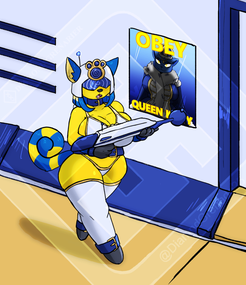 animal_crossing ankha_(animal_crossing) anthro armor belt big_breasts bikini blue_hair bodily_fluids brainwashing breasts butt choker cleavage clothed clothing detailed_background diamond_grenadier domestic_cat drooling eyewear felid feline felis female fur guard hair headgear helmet hi_res huge_breasts hypnosis hypnotic_visor jewelry kitty_(averyshadydolphin) legwear mammal markings mind_control necklace nintendo open_mouth poster propaganda_poster saliva skimpy solo spiral striped_body striped_fur striped_hair striped_markings striped_tail stripes swimwear tail tail_markings thick_thighs thigh_highs visor weapon wide_hips wristband yellow_body yellow_fur