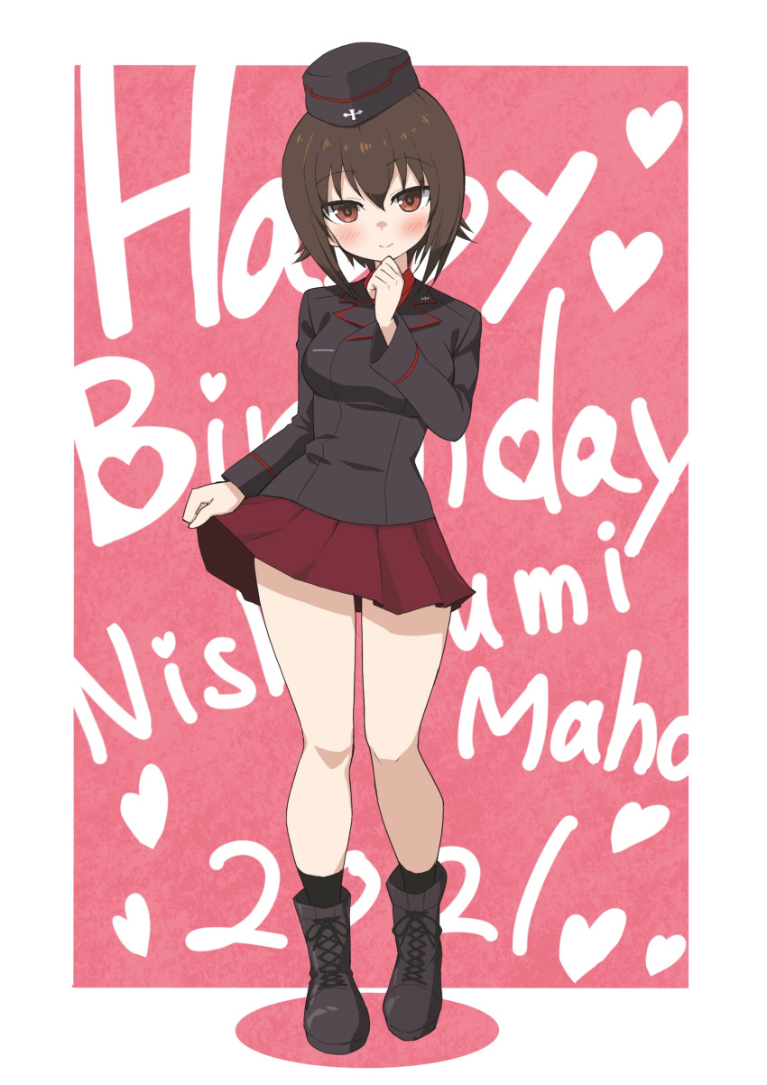 1girl absurdres blush breasts brown_eyes brown_hair character_name closed_mouth full_body girls_und_panzer happy_birthday hat highres kuromorimine_military_uniform looking_at_viewer medium_breasts military military_uniform miniskirt nishizumi_maho pleated_skirt red_skirt short_hair skirt smile solo standing uniform yabai_gorilla