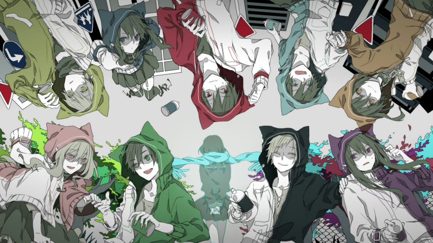 5boys 5girls alternate_color alternate_hair_color amamiya_hibiya animal_hood aqua_hoodie aqua_scarf arms_behind_back arrow_(symbol) bangs black_hair black_hoodie black_sailor_collar black_serafuku black_skirt blue_eyes blue_hoodie can casual cat_hood chain chain-link_fence collar commentary cropped_legs cross-laced_slit dress ene_(kagerou_project) facial_mark facing_away feet_out_of_frame fence from_above from_behind fujiori_(ayacoe727) green_eyes green_hair green_hoodie grey_background grey_collar grey_dress grey_hair grey_shirt grey_skirt grey_thighhighs hair_between_eyes hand_on_another's_shoulder highres holding holding_can holding_hands hood hood_up hoodie kagerou_project kano_shuuya kido_tsubomi kisaragi_momo kisaragi_shintarou konoha_(kagerou_project) kozakura_marry long_hair long_sleeves looking_at_another looking_at_viewer looking_away looking_to_the_side mekakucity_actors multicolored_background multiple_boys multiple_girls muted_color neck_warmer one_eye_closed open_mouth orange_hoodie parted_lips pedestrian_crossing_sign pink_eyes pink_hoodie pleated_skirt purple_eyes purple_hoodie red_eyes red_hoodie road_sign sailor_collar school_uniform serafuku seto_kousuke shaded_face shirt short_hair sign skirt sleeve_cuffs sleeves_past_elbows smile spray_paint stop_sign surprised sweat tateyama_ayano teeth thighhighs triangle turn_left_sign two-tone_hoodie upper_body upper_teeth_only upside-down wavy_mouth white_hoodie yellow_eyes yellow_hoodie