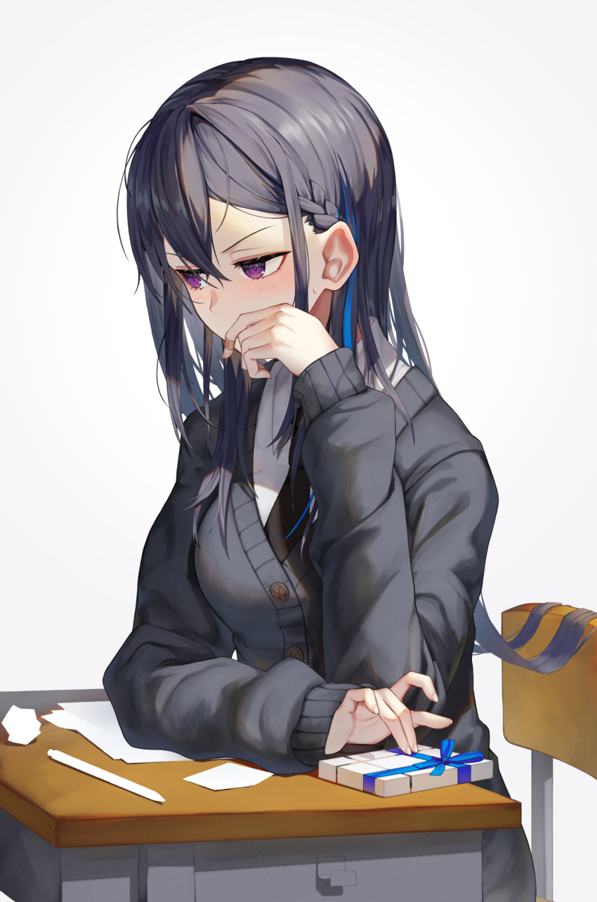 1girl bandaged_fingers bandages bandaid bandaid_on_hand bangs black_cardigan black_hair black_necktie blue_hair blue_ribbon blush box braid breasts cardigan chair collared_shirt covering_mouth crossed_bangs crumpled_paper desk frown gift gift_box hair_between_eyes hair_over_breasts hand_on_table hand_over_own_mouth highres ichinose_uruha long_hair long_sleeves looking_away lupinus_virtual_games medium_breasts multicolored_hair necktie papers pen purple_eyes ribbon school_chair school_desk shioneko_(0202) shirt sidelocks simple_background sitting sleeves_past_wrists solo streaked_hair sweatdrop valentine very_long_hair virtual_youtuber vspo! white_background white_shirt