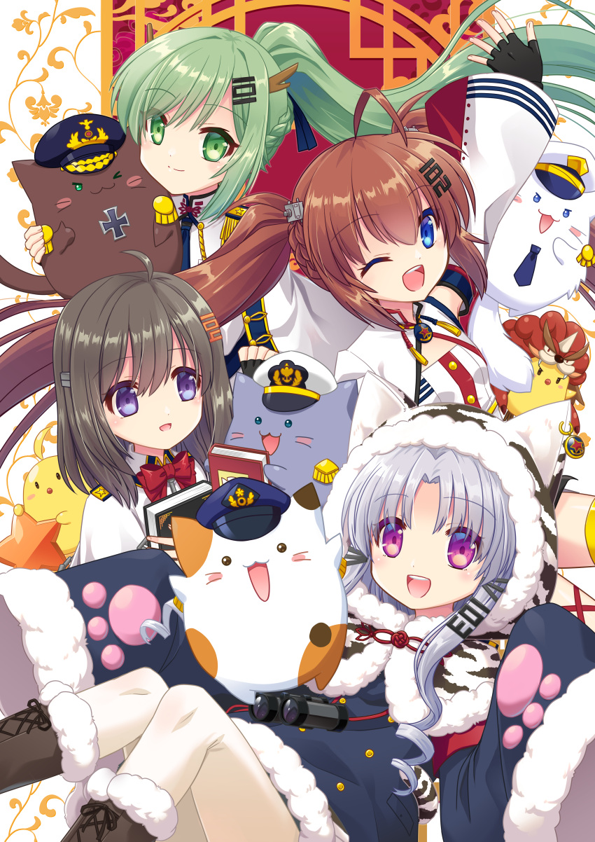 4girls absurdres aiguillette animal animal_hood animal_print anshan_(azur_lane) azur_lane black_gloves black_hair blue_coat blue_eyes blue_headwear book boots bow brown_cat brown_footwear capelet cat chang_chun_(azur_lane) coat cross epaulettes fingerless_gloves fu_shun_(azur_lane) fur-trimmed_boots fur-trimmed_hood fur-trimmed_sleeves fur_trim gloves gold_trim green_eyes green_hair grey_cat grey_hair hat highres holding holding_animal holding_book holding_cat hood hooded_capelet iron_cross long_hair looking_at_viewer manjuu_(azur_lane) meowfficer_(azur_lane) military military_uniform multiple_girls necktie one_eye_closed open_mouth pantyhose paw_print peaked_cap ponytail purple_eyes red_bow red_hair s_nyaau short_hair short_necktie sleeves_past_fingers sleeves_past_wrists tai_yuan_(azur_lane) tiger_hood tiger_print twintails uniform very_long_hair white_capelet white_cat white_headwear white_pantyhose