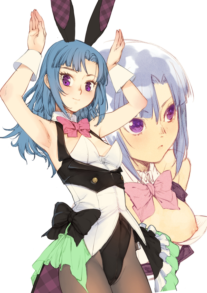1girl absurdres alice_gear_aegis animal_ears armpits arms_up bare_shoulders black_bow black_leotard blue_hair blush bow bowtie branch_(blackrabbits) breasts bunny_pose cowboy_shot detached_collar highres leotard long_hair looking_at_viewer multiple_views nipples oversized_breast_cup pantyhose pink_bow pink_bowtie playboy_bunny purple_eyes rabbit_ears small_breasts smile takanashi_rei two-tone_leotard white_background white_leotard wrist_cuffs
