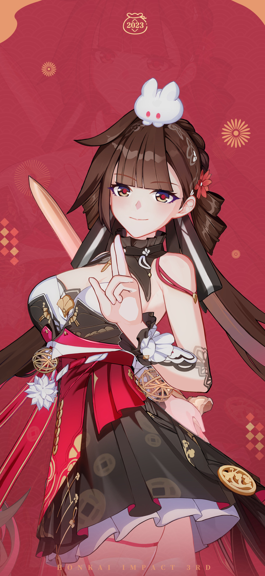 1girl 2023 bangs brown_hair chinese_clothes highres holding holding_weapon honkai_(series) honkai_impact_3rd li_sushang li_sushang_(jade_knight) looking_at_viewer official_alternate_costume official_art official_wallpaper rabbit red_background salute smile solo solo_focus two-finger_salute weapon