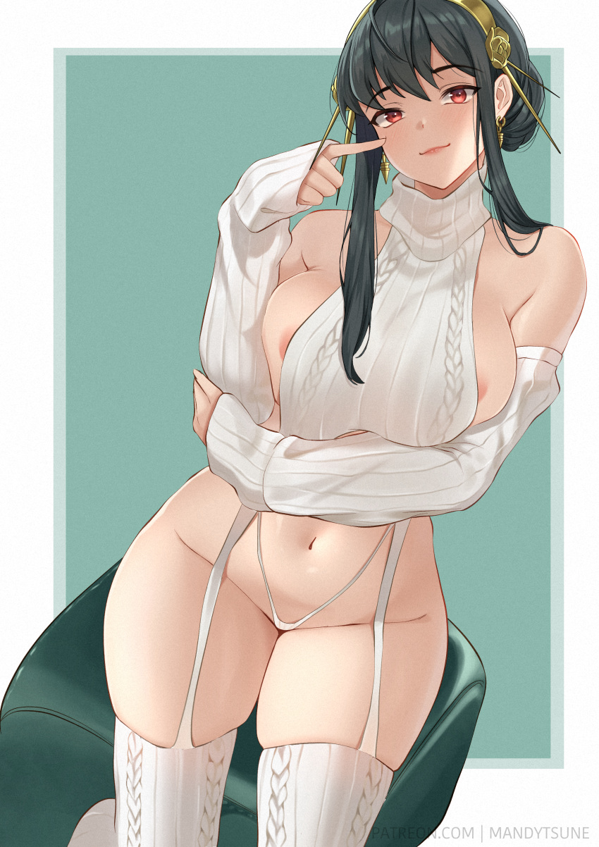 1girl absurdres areola_slip bangs bare_shoulders black_hair breasts closed_mouth commentary detached_sleeves earrings hairband hand_on_own_arm highleg highleg_panties highres jewelry large_breasts leaning_to_the_side long_sleeves looking_at_viewer mandytsune navel panties patreon_username red_eyes revealing_clothes sideboob skindentation sleeves_past_wrists solo spy_x_family sweater thighs turtleneck turtleneck_sweater underwear virgin_destroyer_sweater watermark web_address white_panties white_sweater yellow_hairband yor_briar