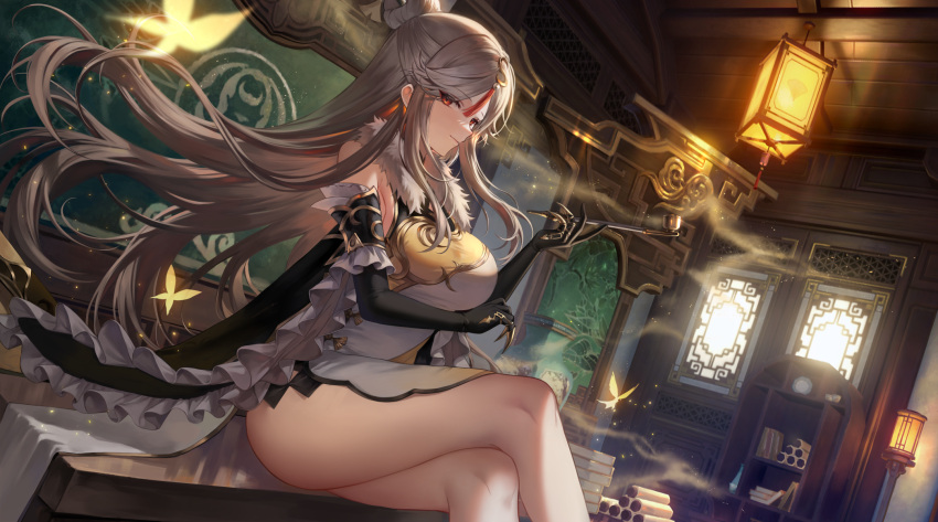 1girl arm_under_breasts black_gloves book book_stack breasts claw_ring closed_mouth crossed_legs crystalfly_(genshin_impact) dress dutch_angle elbow_gloves feet_out_of_frame floating_hair genshin_impact gloves grey_hair gz_(gyoju) hair_ornament hair_stick hand_up highres holding holding_smoking_pipe indoors lantern large_breasts long_hair looking_at_viewer ningguang_(genshin_impact) red_eyes scroll sitting smile smoking_pipe solo tassel tassel_hair_ornament thighs very_long_hair white_dress window