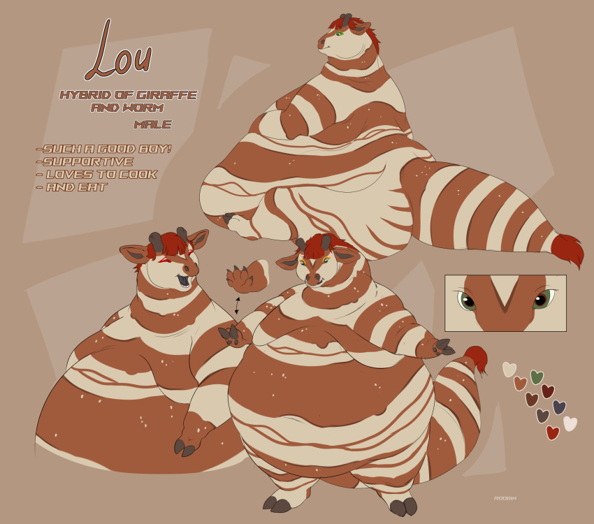 absurd_res anthro artist_name belly big_belly big_butt brown_body brown_stripes butt color_swatch eyes_closed front_view giraffe giraffid green_eyes hair hi_res huge_belly huge_butt hybrid lou_(roobin) male mammal markings model_sheet morbidly_obese mouth_closed multicolored_eyes nude obese open_mouth open_smile overweight red_eyes red_hair roobin side_view simple_background sitting smile solo standing striped_arms striped_legs striped_markings striped_neck striped_tail stripes tail tail_markings two_tone_eyes worm