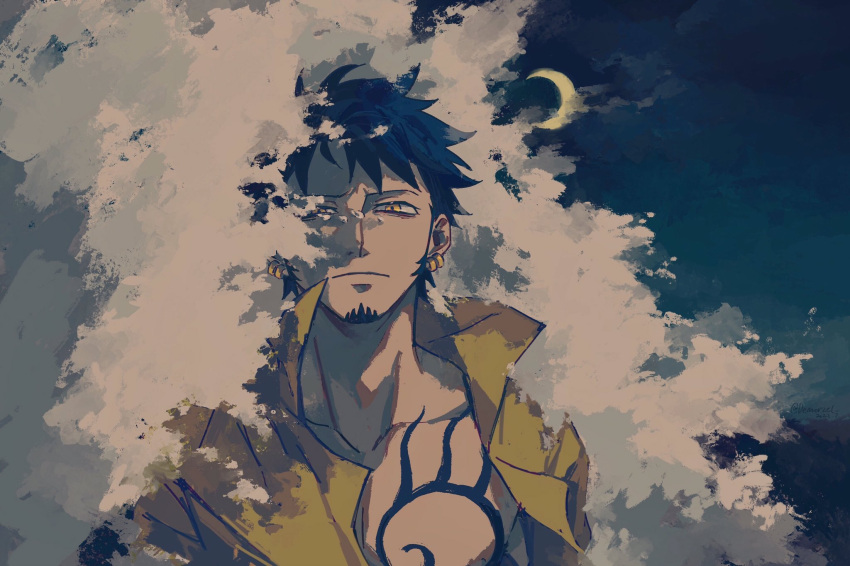 1boy bags_under_eyes blue_hair chest_tattoo closed_mouth crescent_moon demorzel earrings facial_hair highres jewelry male_focus moon ocean one_piece open_clothes open_shirt outdoors shade shirt short_hair solo tattoo trafalgar_law water waves yellow_eyes yellow_shirt
