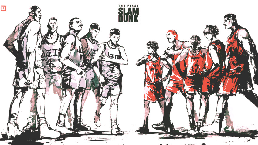 6+boys akagi_takenori armband bare_arms bare_shoulders basketball_jersey basketball_uniform buzz_cut closed_mouth clothes_writing commentary copyright_name curly_hair english_commentary faceoff fukatsu_kazunari grey_shorts hand_up highres ink_(medium) kawata_masashi limited_palette minoru_matsumoto mitsui_hisashi miyagi_ryouta multiple_boys nobe_masahiro open_mouth paparaya pompadour profile red_shorts rukawa_kaede sakuragi_hanamichi sawakita_eiji shoes short_hair shorts sideburns simple_background slam_dunk_(series) sleeveless smile sneakers socks sportswear thick_lips toned toned_male traditional_media very_short_hair walking