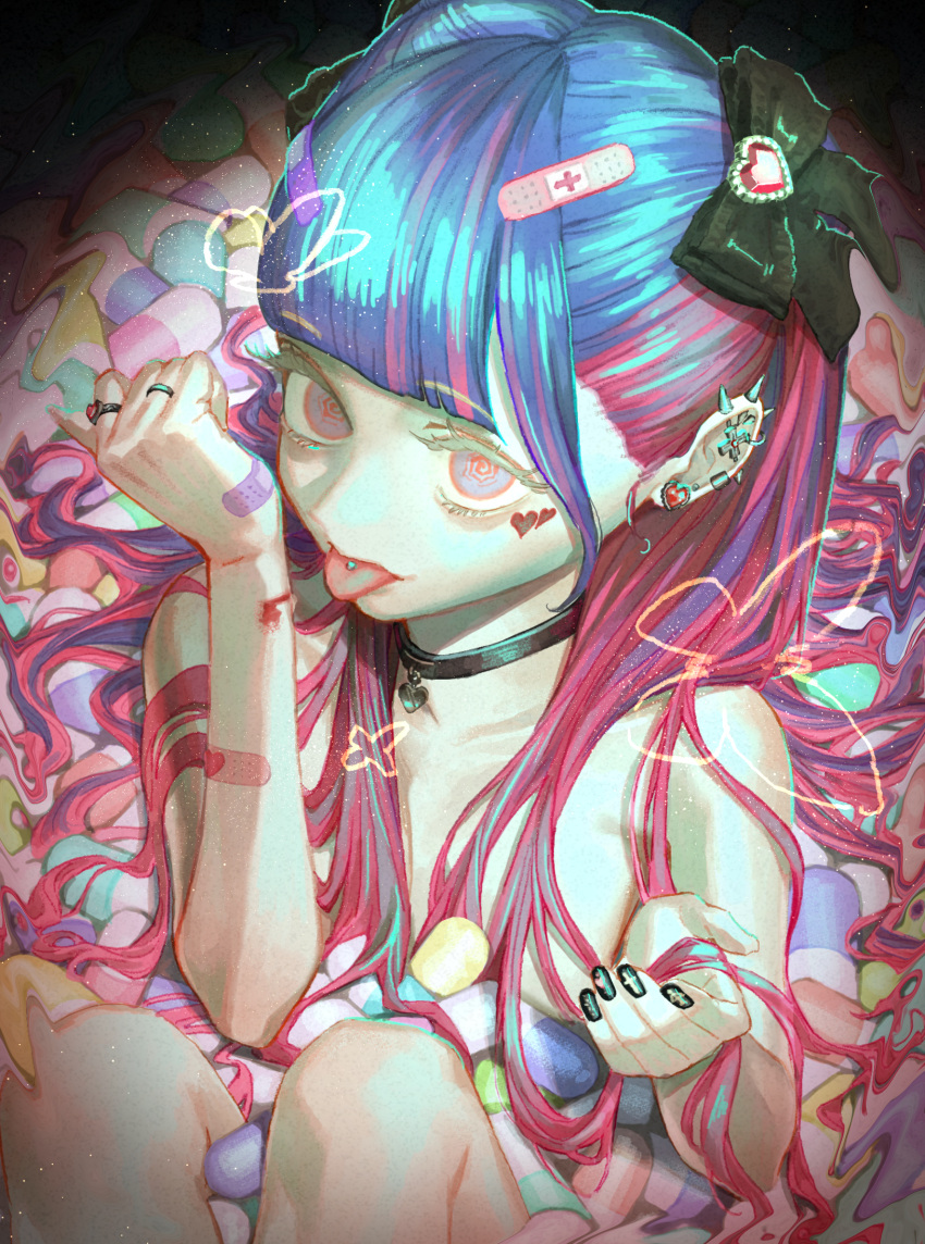1girl bandaid black_bow black_choker black_nails blue_hair bow choker commentary_request ear_piercing earrings heart highres injury jewelry long_hair looking_at_viewer matsu_bokkuri multicolored_hair nail_polish original piercing pill pink_hair purple_eyes ring solo tongue tongue_out tongue_piercing twintails