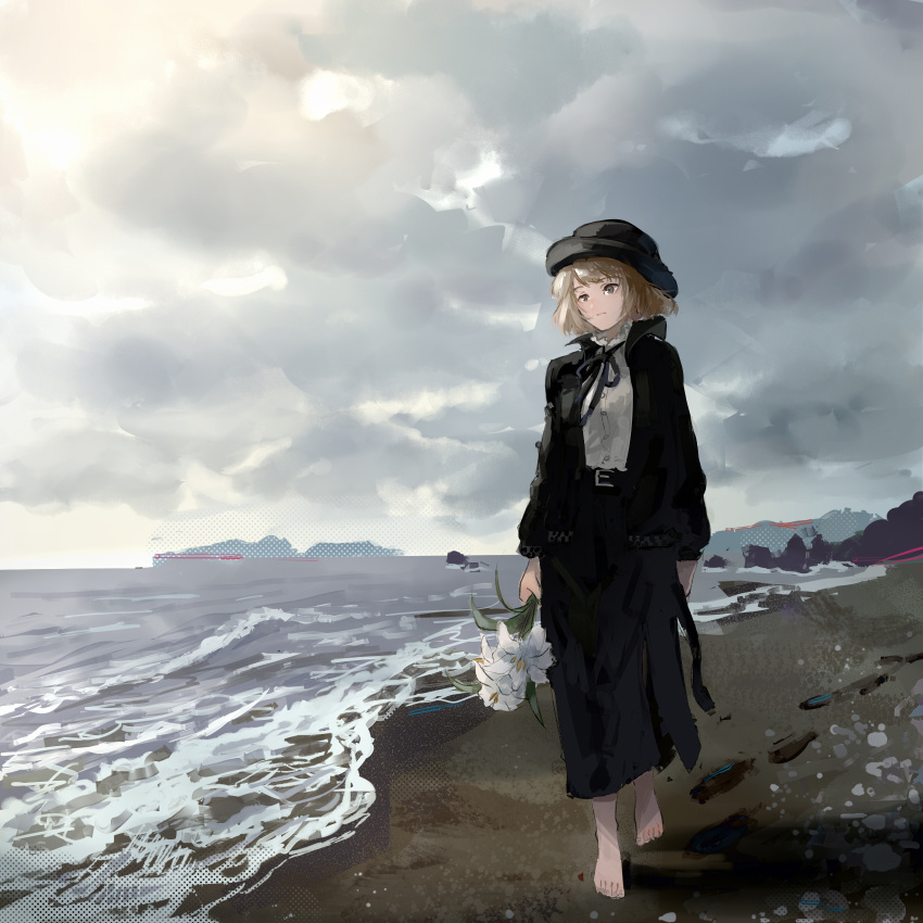 1girl 23el beach black_headwear black_jacket black_skirt blonde_hair cloud cloudy_sky flower footprints highres holding holding_flower jacket long_skirt no_shoes ocean open_clothes open_jacket original outdoors shirt short_hair skirt sky solo walking water white_flower white_shirt