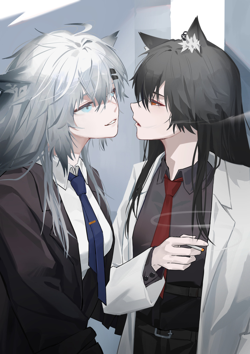 2girls absurdres alternate_costume animal_ear_fluff animal_ears arknights black_coat black_hair black_shirt blue_eyes cigarette coat collared_shirt eye_contact grey_hair highres holding holding_cigarette lappland_(arknights) long_hair long_sleeves looking_at_another multiple_girls necktie open_clothes open_coat parted_lips red_eyes red_necktie senkane shirt smile smoke texas_(arknights) white_coat white_shirt wolf_ears yuri