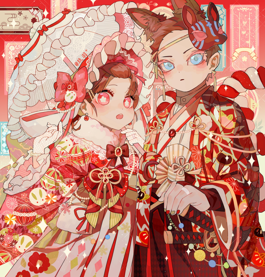 1boy 1girl animal_ears bag ball bead_necklace beads black_bow black_bowtie blue_eyes bonnet bow bowtie bridal_gauntlets brown_hair brown_nails cowboy_shot earrings extra_ears floral_print flower-shaped_pupils frills gloves hair_pulled_back hair_ribbon hakama hakuji_(kimetsu_no_yaiba) handbag hands_up haori highres holding holding_umbrella japanese_clothes jewelry jiuyu0 katana kimetsu_no_yaiba kimono koyuki_(kimetsu_no_yaiba) lace lace_gloves long_sleeves looking_at_viewer mask mask_on_head necklace parasol pink_bow red_background red_bow red_eyes red_hair red_hakama red_nails red_ribbon ribbon ring shirt short_hair snow_bunny sparkle sword symbol-shaped_pupils temari_ball umbrella updo weapon wedding_ring white_gloves wide_sleeves