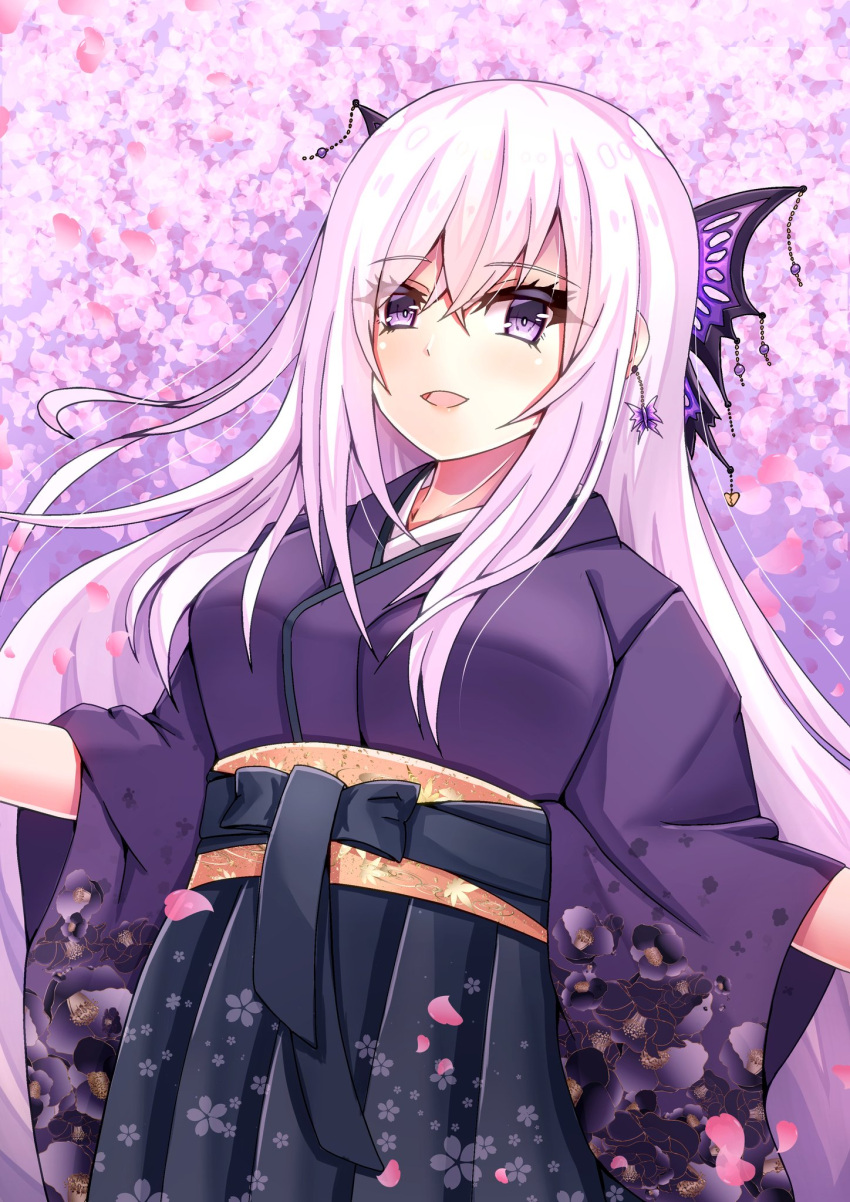 1girl black_sash bug butterfly butterfly_hair_ornament cherry_blossoms falling_petals floral_print hair_ornament hakama hakama_skirt highres japanese_clothes kazayuki_kaya long_hair obi open_mouth petals purple_butterfly purple_eyes sash senji_muramasa_(tenka_hyakken) skirt smile tenka_hyakken white_hair wide_sleeves