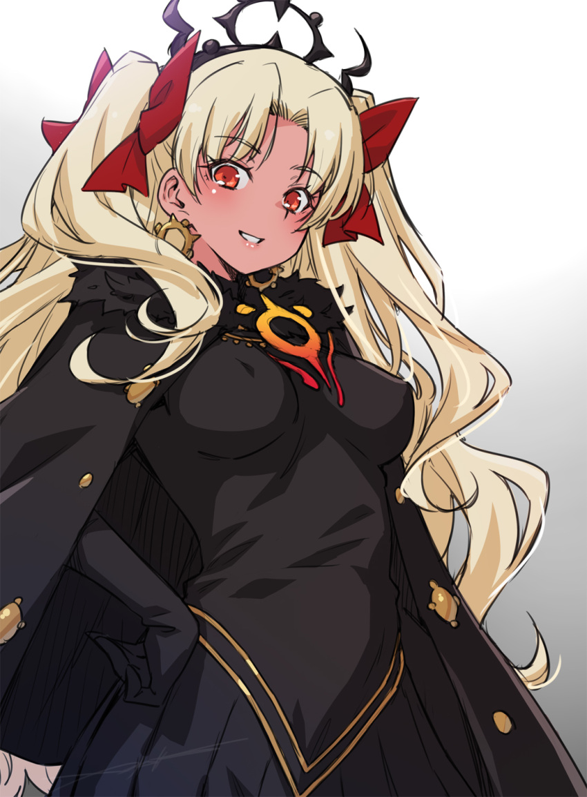 1girl black_dress black_gloves blonde_hair breasts cape dark-skinned_female dark_skin dress earrings ereshkigal_(fate) fate_(series) gloves gold_trim hair_ribbon highres jewelry kazuma_muramasa long_hair looking_at_viewer medium_breasts red_eyes red_ribbon ribbon smile solo standing tiara very_long_hair