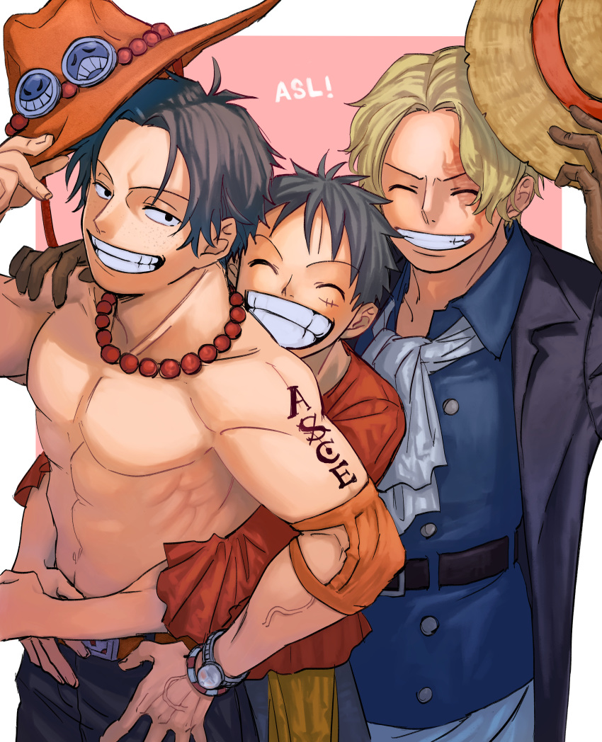 3boys ^_^ absurdres ascot bangs bead_necklace beads black_hair blonde_hair brothers closed_eyes coat elbow_gloves gloves grin hand_on_another's_shoulder happy hat highres hug hug_from_behind jewelry lineup male_focus monkey_d._luffy multiple_boys necklace one_piece open_clothes open_coat orange_headwear parted_bangs pink_background portgas_d._ace red_shirt removing_hat sabo_(one_piece) scar scar_on_face shirt siblings simple_background smile straw_hat topless_male urasanmyaku