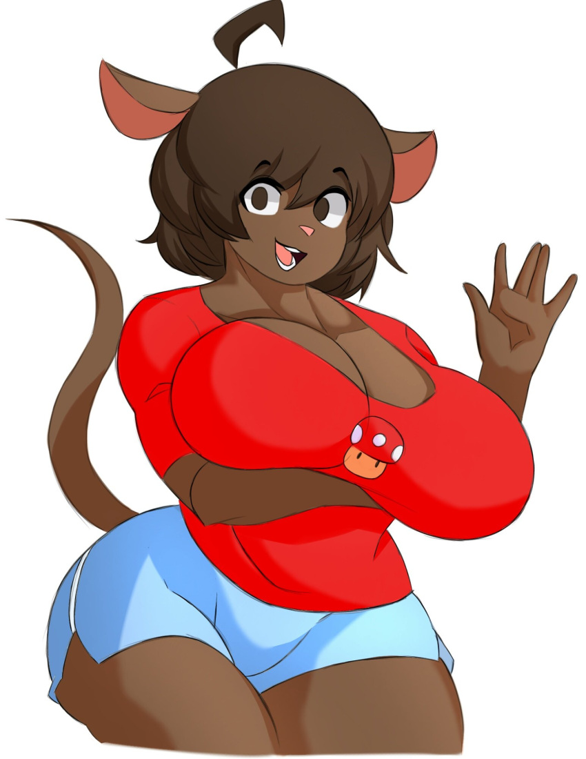 alldropped anthro big_breasts breasts brown_body brown_eyes brown_hair clothing curvy_figure female fungus gwen_geek gwen_martin hair hi_res huge_breasts mammal mario_bros mouse murid murine mushroom nintendo rodent shirt simple_background smile solo topwear