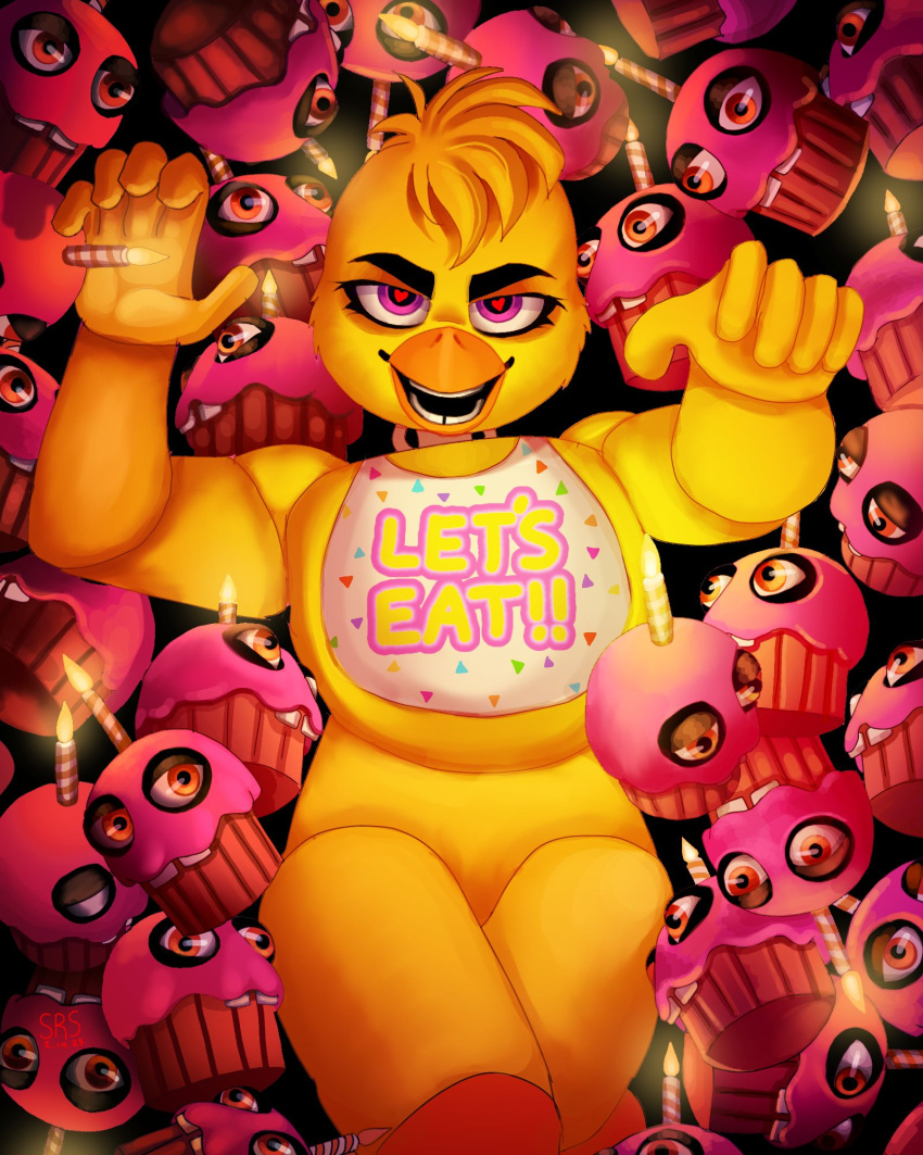 avian beak bib bird chica_(fnaf) chicken cupcake_(fnaf) female five_nights_at_freddy's galliform gallus_(genus) hi_res machine overweight overweight_female phasianid pink_eyes scottgames slightly_chubby teeth text yellow_body