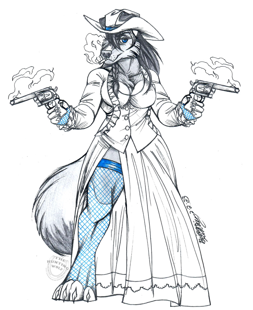 anthro banner canid canine canis cigar cross domestic_dog female ginger gun gunsmoke handgun hi_res mammal outlaw pistol ranged_weapon revolver skylar_falcon smoke solo thehuntingwolf weapon western