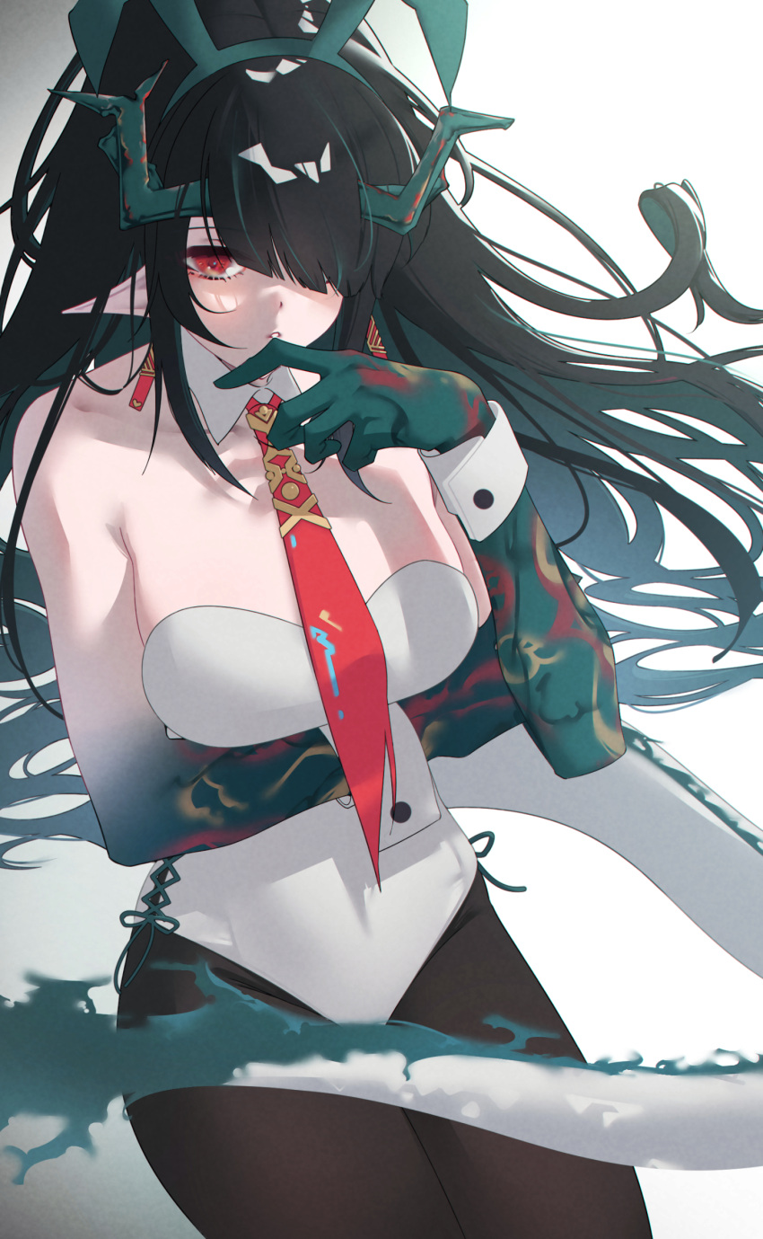 1girl animal_ears arknights bare_shoulders black_hair black_pantyhose blue_hair blush colored_skin cowboy_shot detached_collar dragon_girl dragon_horns dragon_tail dusk_(arknights) earrings fake_animal_ears finger_to_mouth gradient_hair gradient_skin green_hairband green_skin hair_over_one_eye hairband highres horns jewelry kimo_suna leotard long_hair looking_at_viewer multicolored_hair necktie pantyhose parted_lips playboy_bunny pointy_ears rabbit_ears red_eyes red_necktie simple_background solo strapless strapless_leotard tail very_long_hair white_background